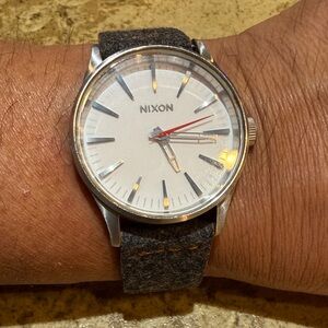 Nixon Sentry 38 Silver Watch with Brown and Gray Strap